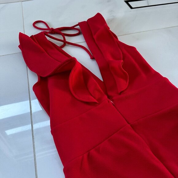 Crave Fame | Red Jumpsuit | Medium | Ruffle Plunge Neckline | Wide Leg - Picture 13 of 16